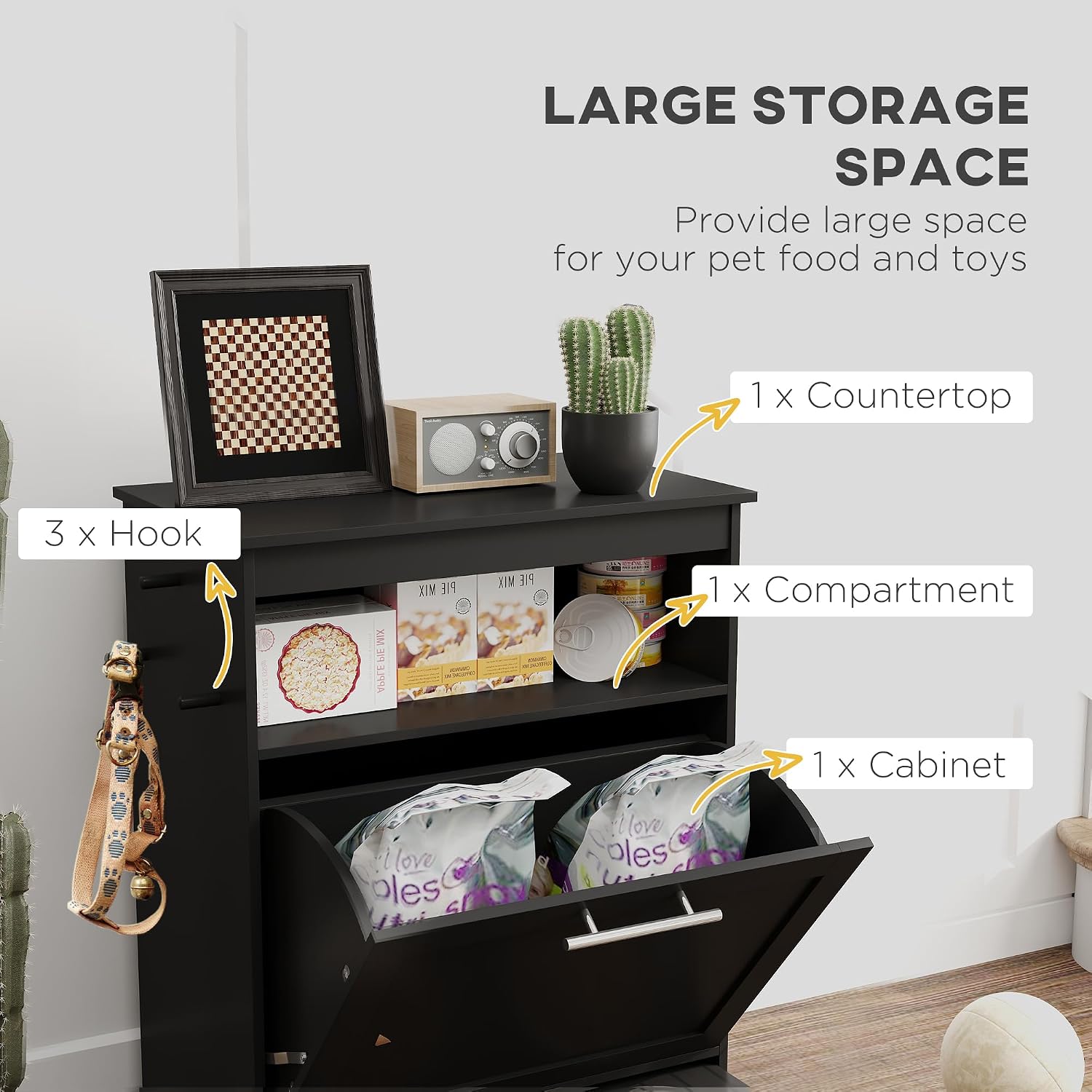Cat Dog Feeding Station, Dog Food Storage Cabinet, Pet Feeder Container with Raised Bowls and Hanger for Feeding & Watering Supplies, Black