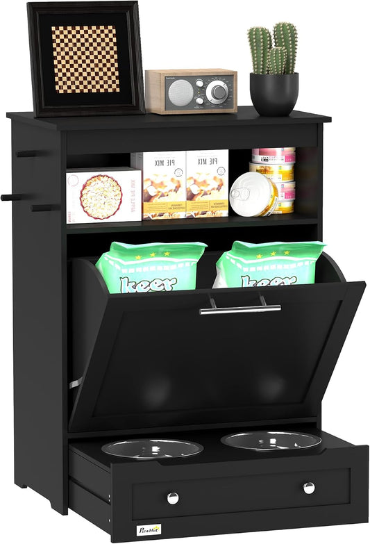 Cat Dog Feeding Station, Dog Food Storage Cabinet, Pet Feeder Container with Raised Bowls and Hanger for Feeding & Watering Supplies, Black