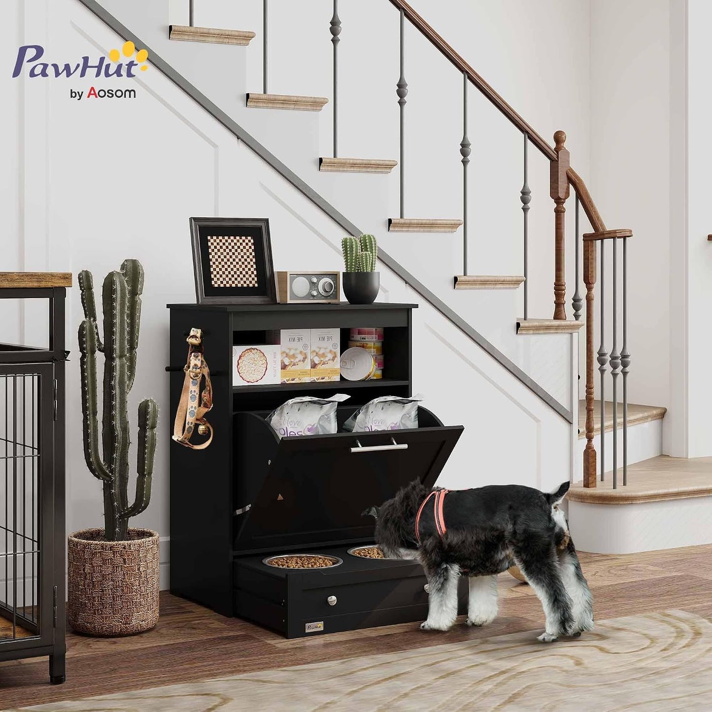Cat Dog Feeding Station, Dog Food Storage Cabinet, Pet Feeder Container with Raised Bowls and Hanger for Feeding & Watering Supplies, Black