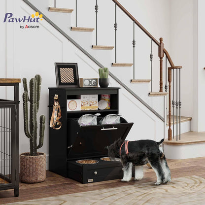 Cat Dog Feeding Station, Dog Food Storage Cabinet, Pet Feeder Container with Raised Bowls and Hanger for Feeding & Watering Supplies, Black