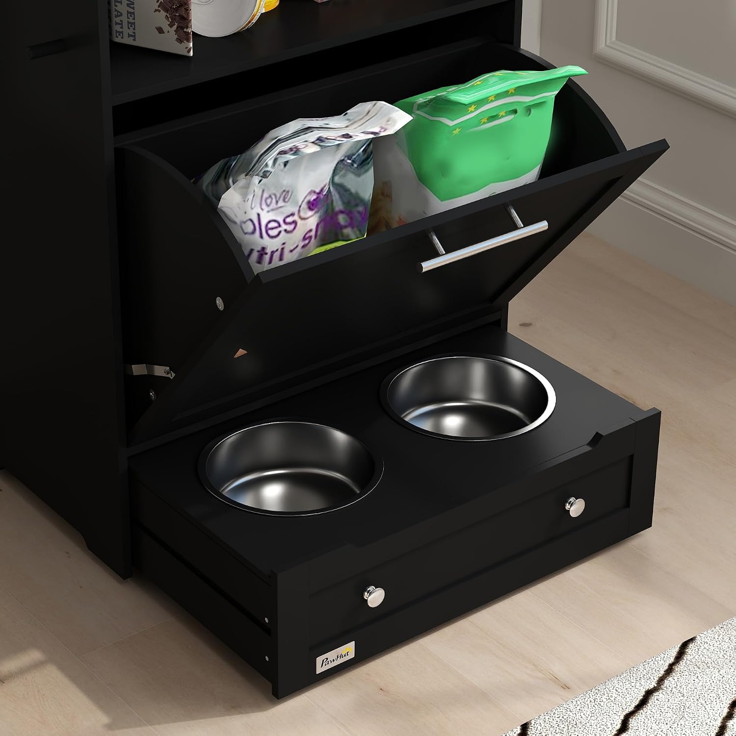 Cat Dog Feeding Station, Dog Food Storage Cabinet, Pet Feeder Container with Raised Bowls and Hanger for Feeding & Watering Supplies, Black
