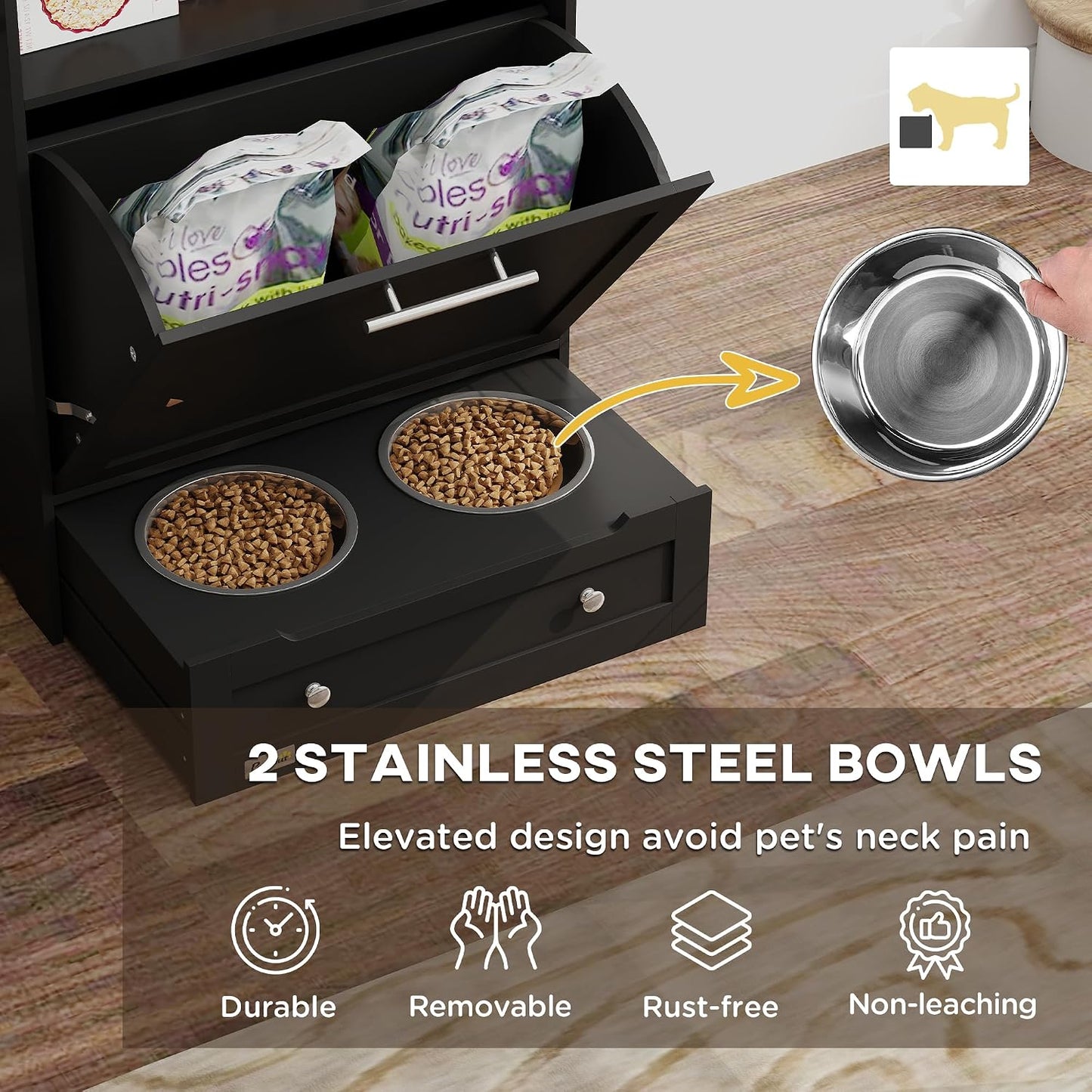 Cat Dog Feeding Station, Dog Food Storage Cabinet, Pet Feeder Container with Raised Bowls and Hanger for Feeding & Watering Supplies, Black
