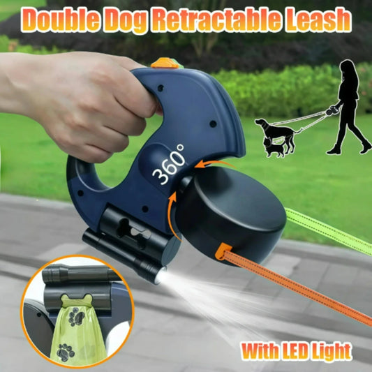 Auto Retractable Double-Ended Dog Leash 3m with LED Flashlight Waste Bag Box